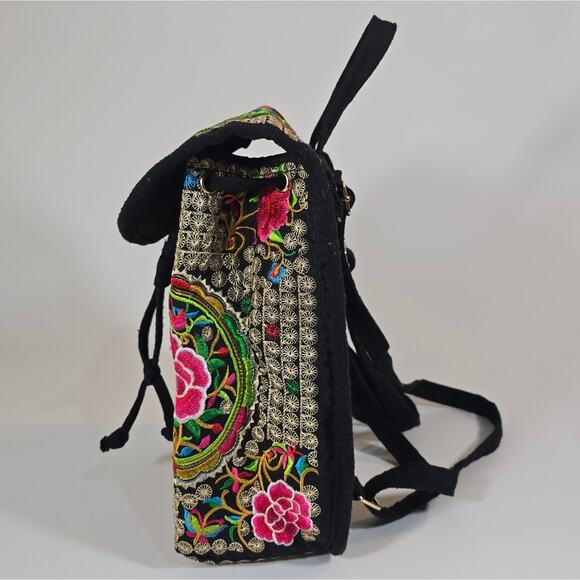 Floral Embroidered Backpack Purse Bag Mexican Artisan Lightweight Colorful Pink - Picture 3 of 8